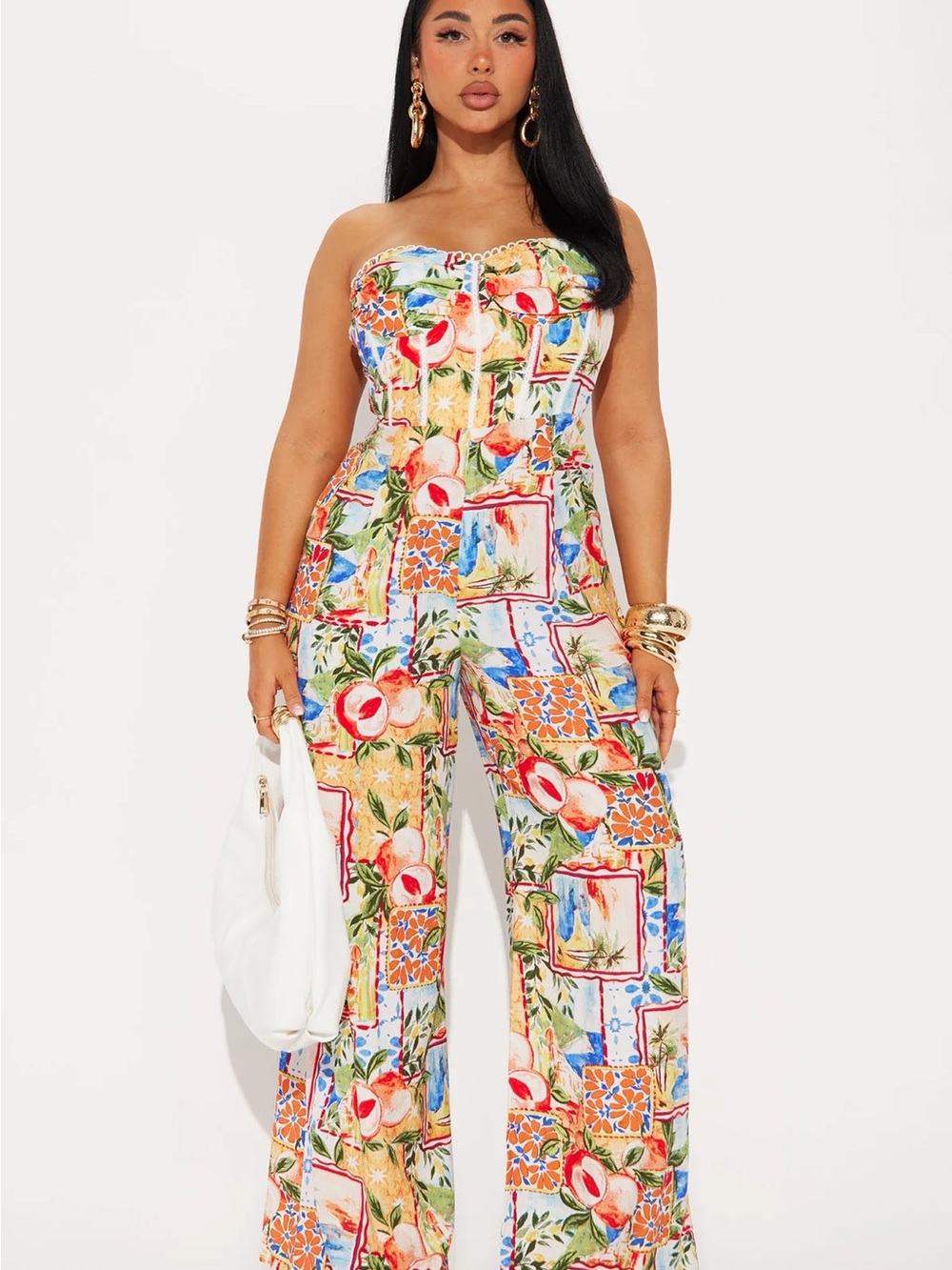 Fashion Nova Strapless Tropical Print Wide-Leg Jumpsuit - Multi